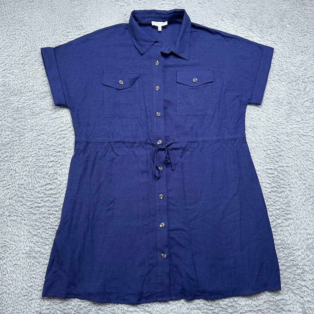 100% Linen Dress Womens L Blue Drawstring Button Front Shirt FSL Apparel
